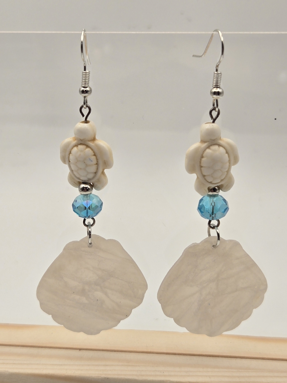 White Turtle Drop Earrings with Aqua Blue Accent